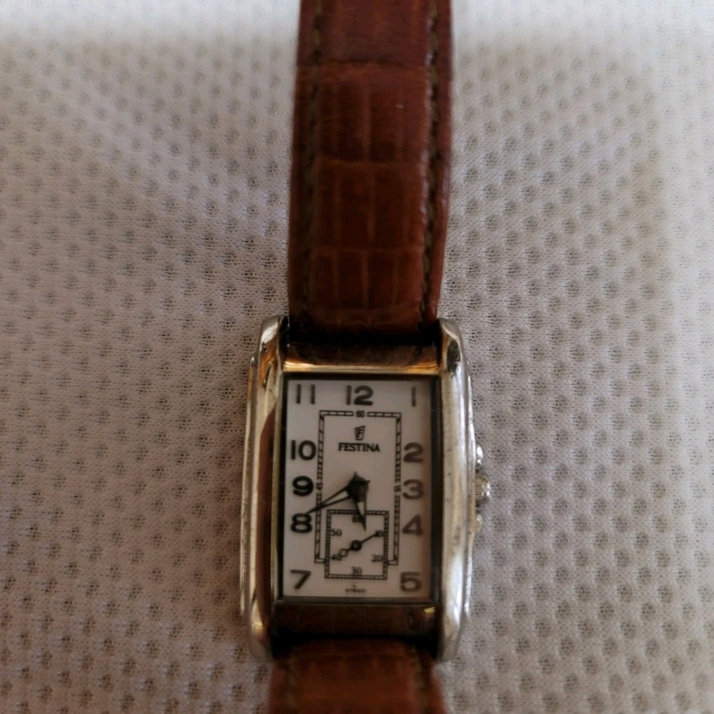Festina Women 6784 Silver Tone Dress Brown Leather 35mm Tank Quartz Watch 7"